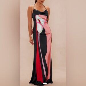 NWT Satin Colorblock Slip Dress in Black and Pink